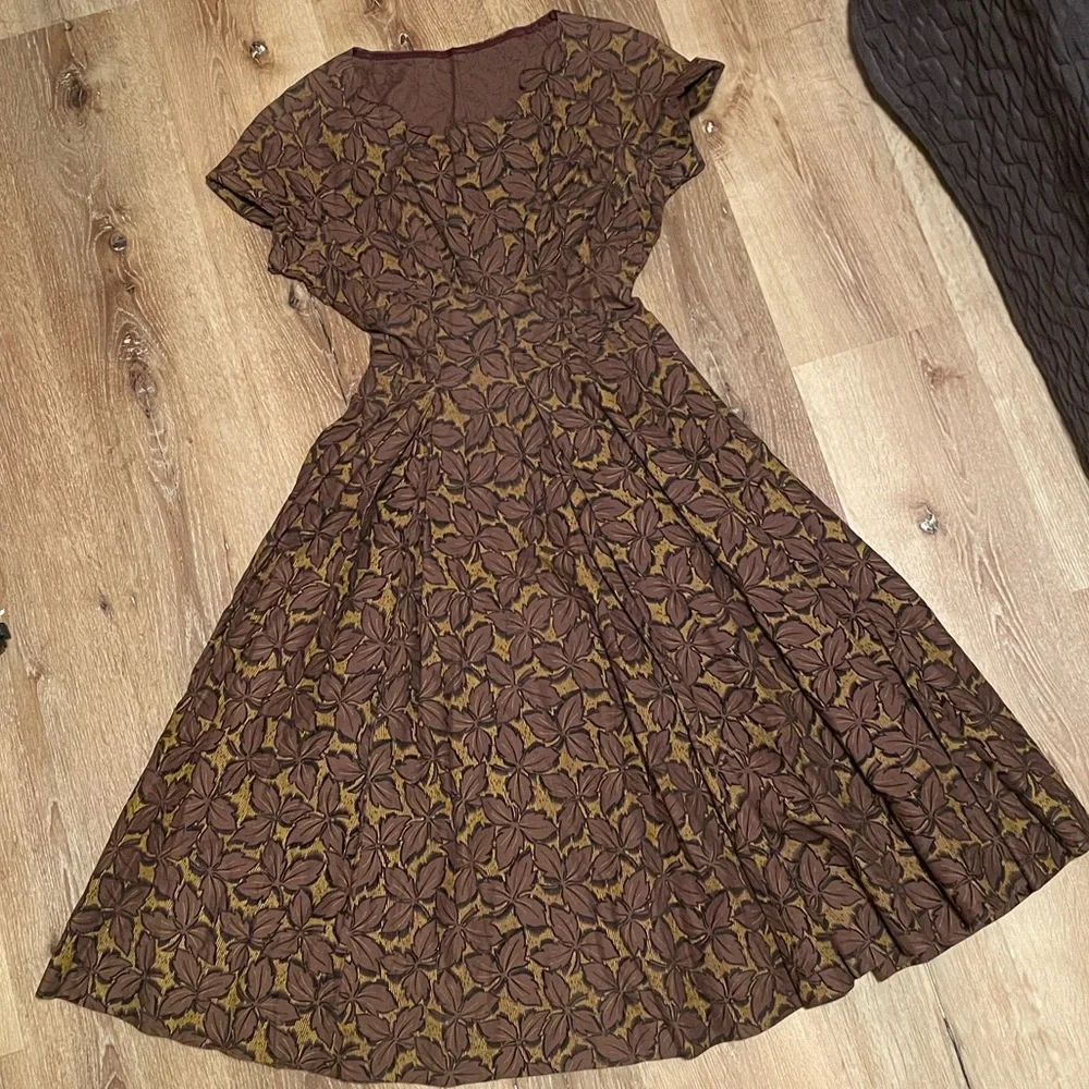 1950’s vintage brown gold fall leaves dress retro full circle skirt XS VLV pinup - Picture 6 of 11